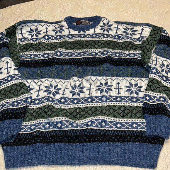 Vtg Scandia Sweater L Snowflake Pattern Stripes Grandpa Core - Picture 1 of 6